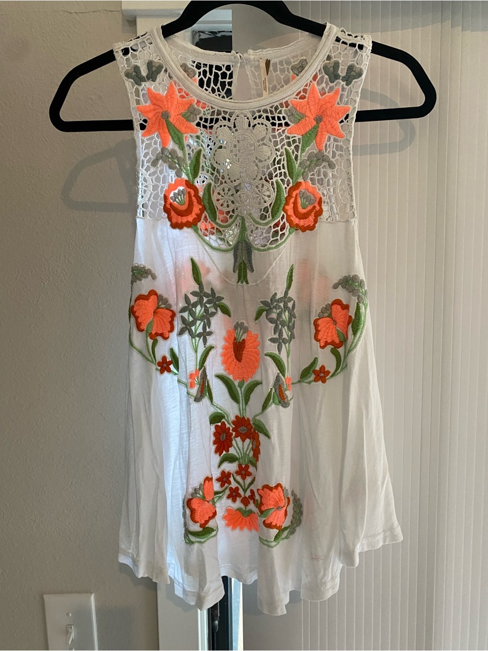 Free People White Crochet Tank with Orange and Green Floral Embroidery